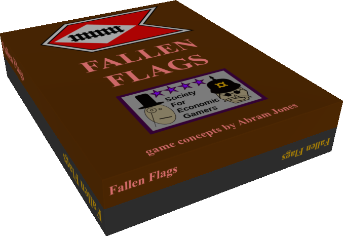 Fallen Flags game box: brown lid with a red railroad emblem and the Society For Economic Gamers label, game concepts by Abram Jones