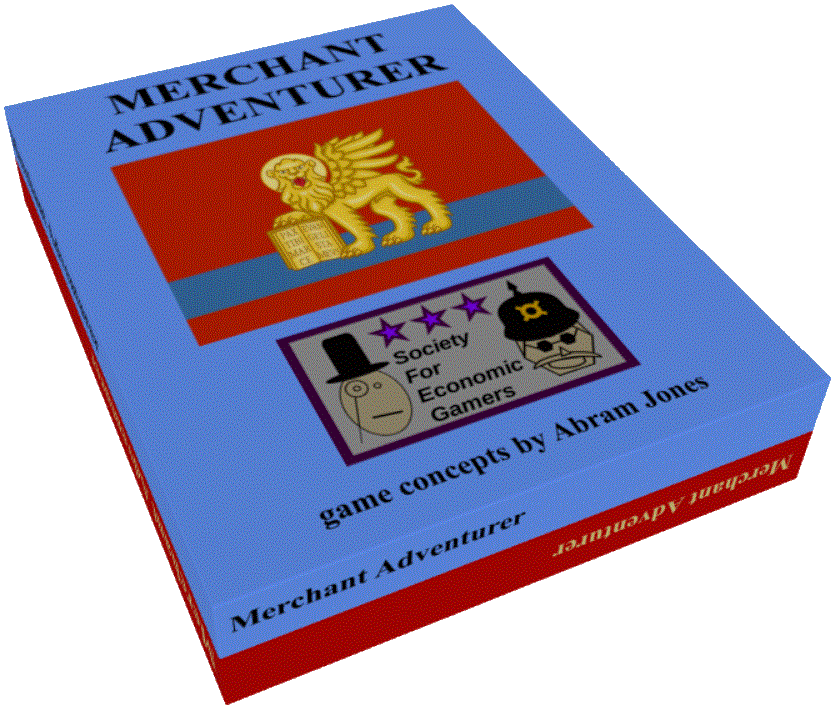 Merchant Adventurer game box: blue lid with the winged lion of Venice, game concepts by Abram Jones