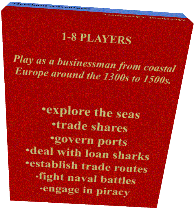 Back of the box: 1-8 players. Play as a businessman from coastal Europe around the 1300s to 1500s.