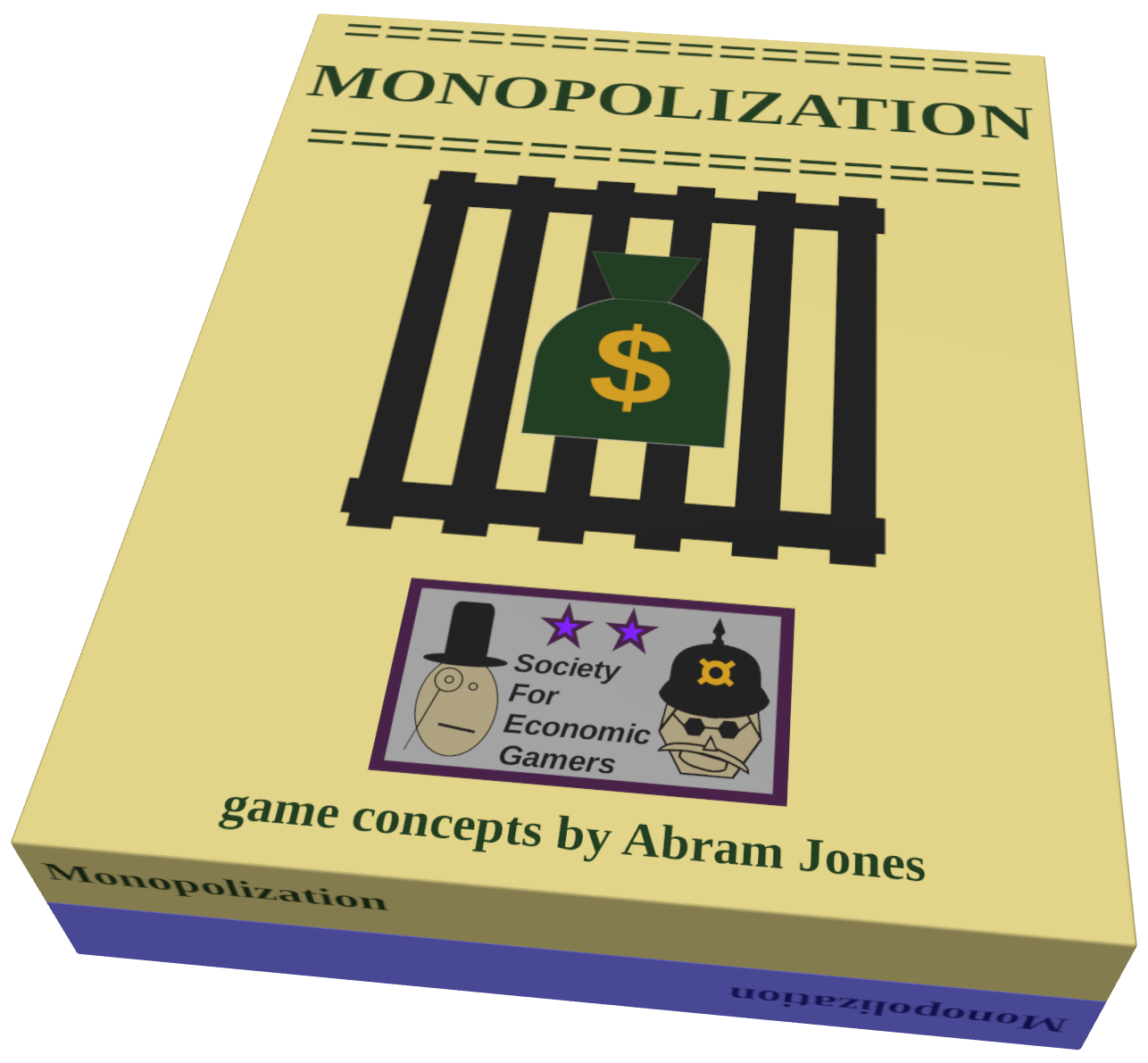 Monopolization game box: tan lid with a green money bag behind black bars and the Society For Economic Gamers label, game concepts by Abram Jones