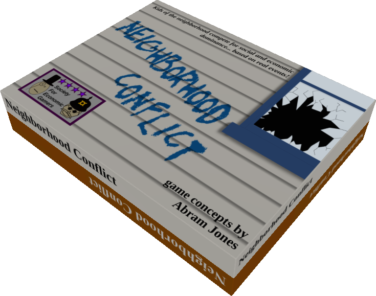 Neighborhood Conflict game box: the title painted in blue on house siding beside a broken window, game concepts by Abram Jones